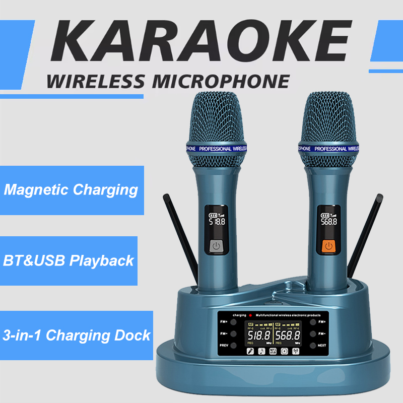 Bluetooth Karaoke Microphone Handheld - مجموعة ميكروفون لاسلكي مع قاعدة شحن،