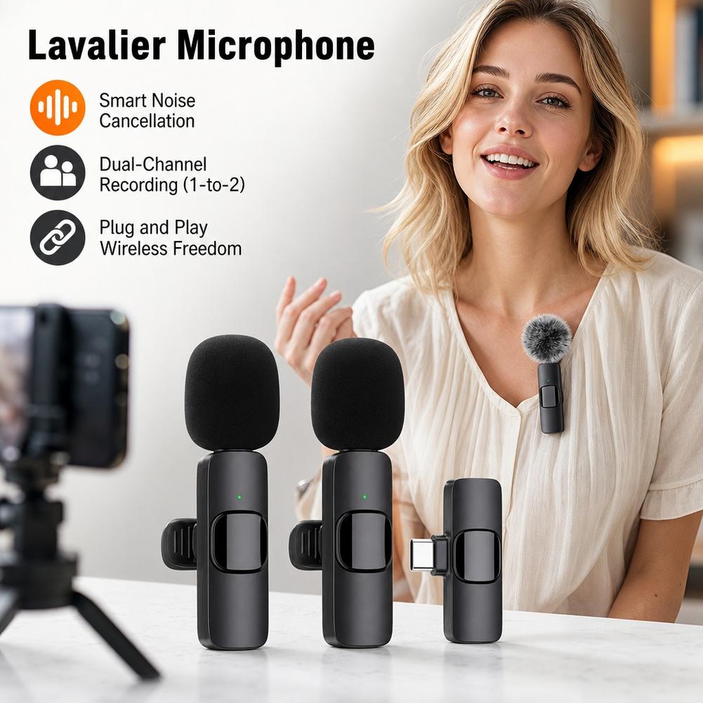 Wireless Lavalier Microphone Dual Receiver - ميكروفون لافالير لاسلكي للتسجيل الخارجي مع